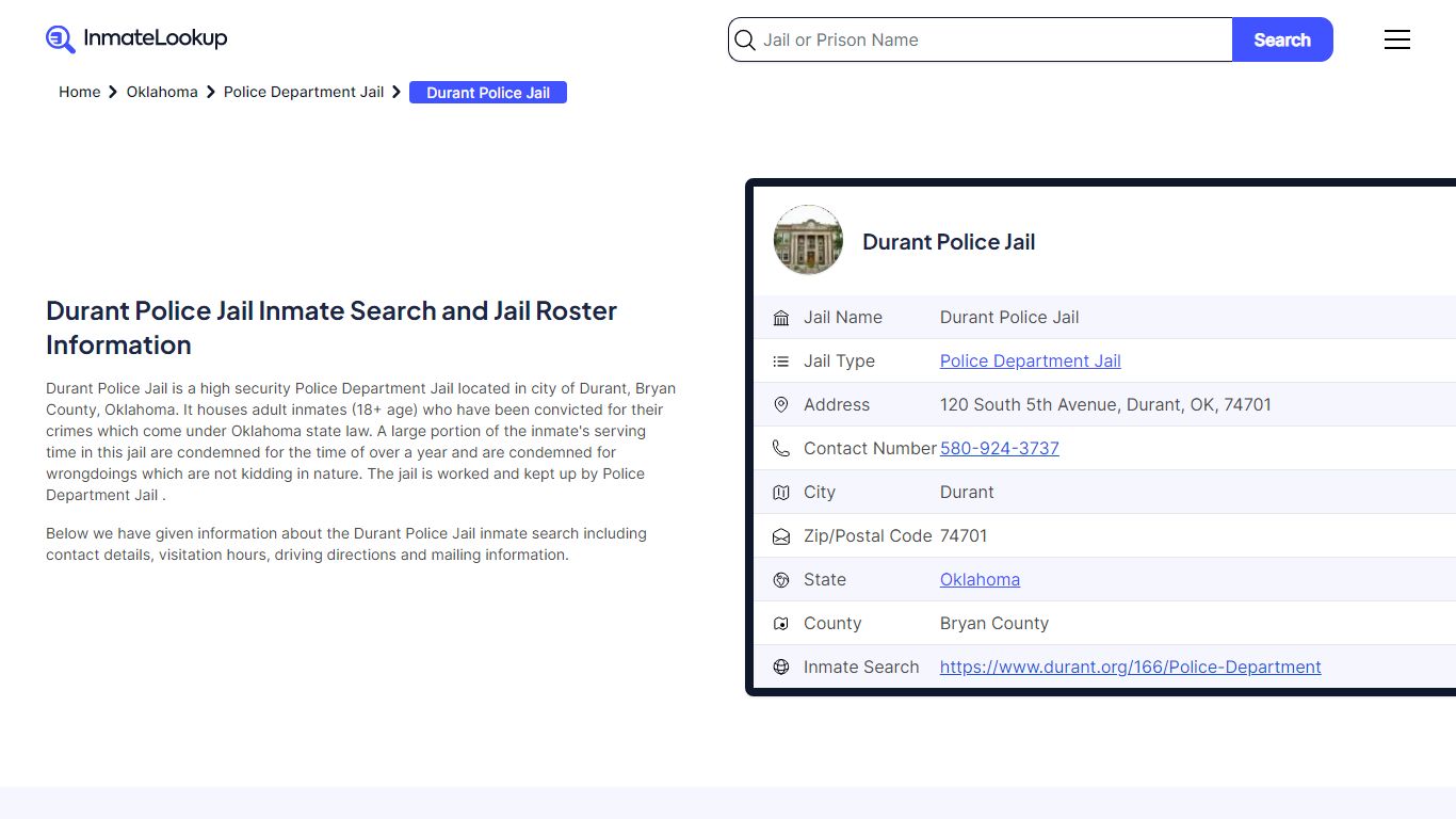 Durant Police Jail Inmate Search and Jail Roster Information
